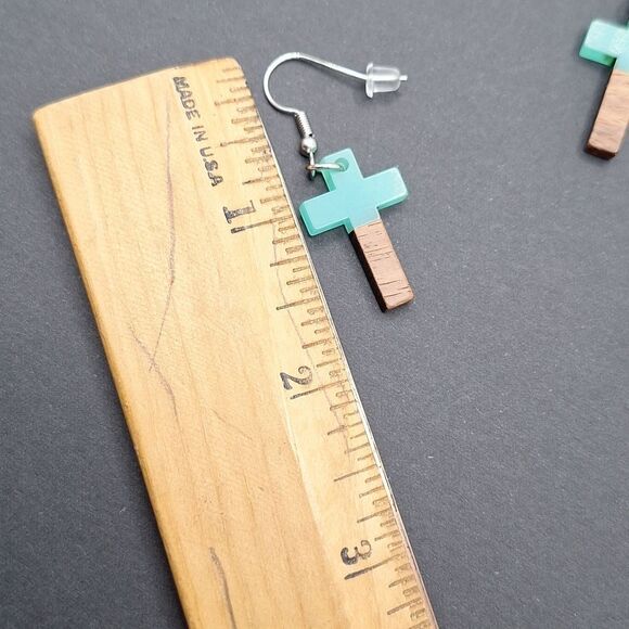 Turquoise and Wood Cross Earrings - Picture 3 of 5